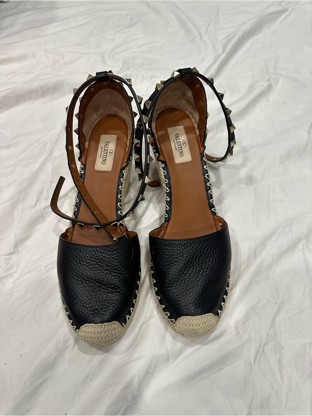 Valentino Black Rockstud Espadrille Ankle-Strap wedges